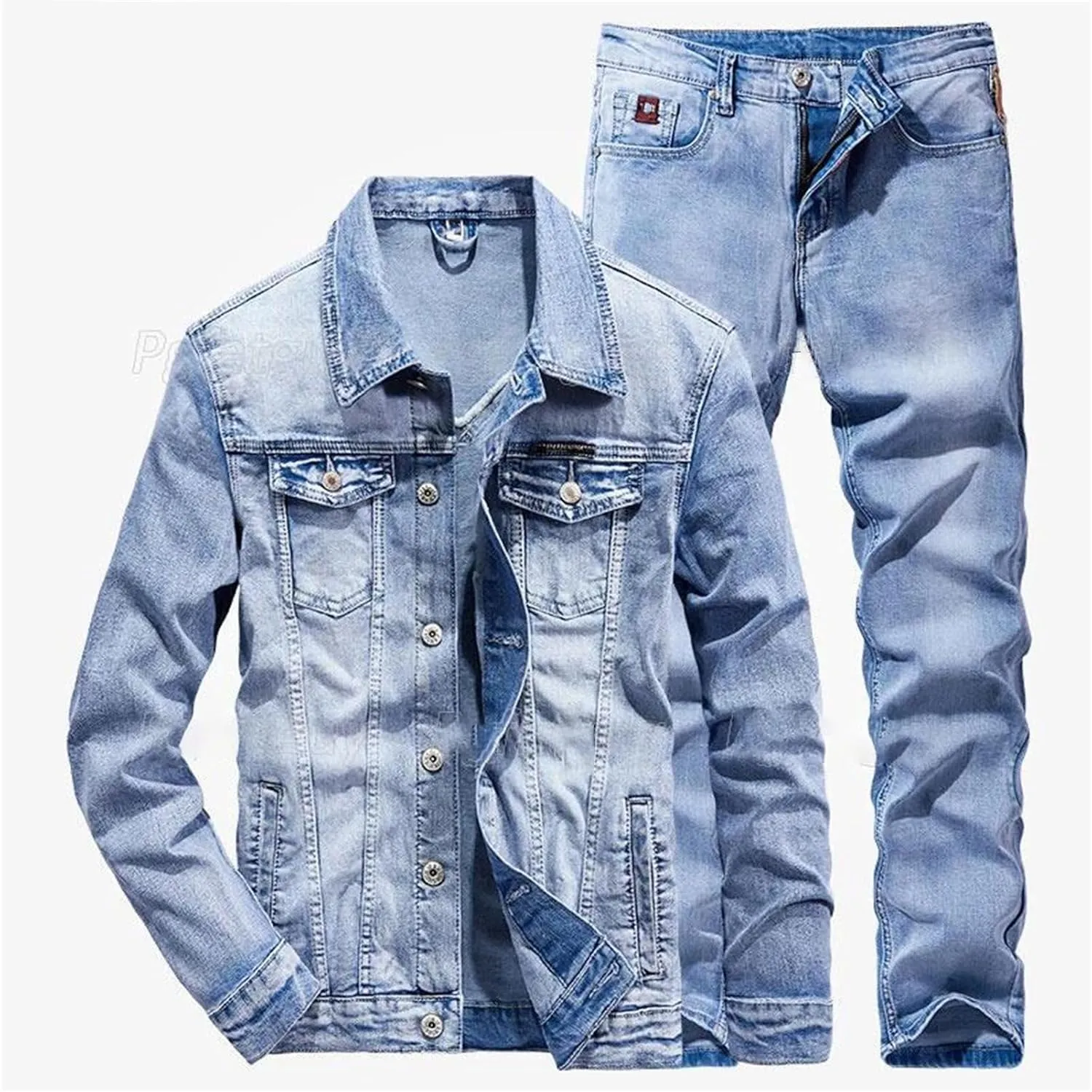 Men's Jeans 2Pc Sets Light Blue Simple Long Sleeve Denim Jacket and Pants