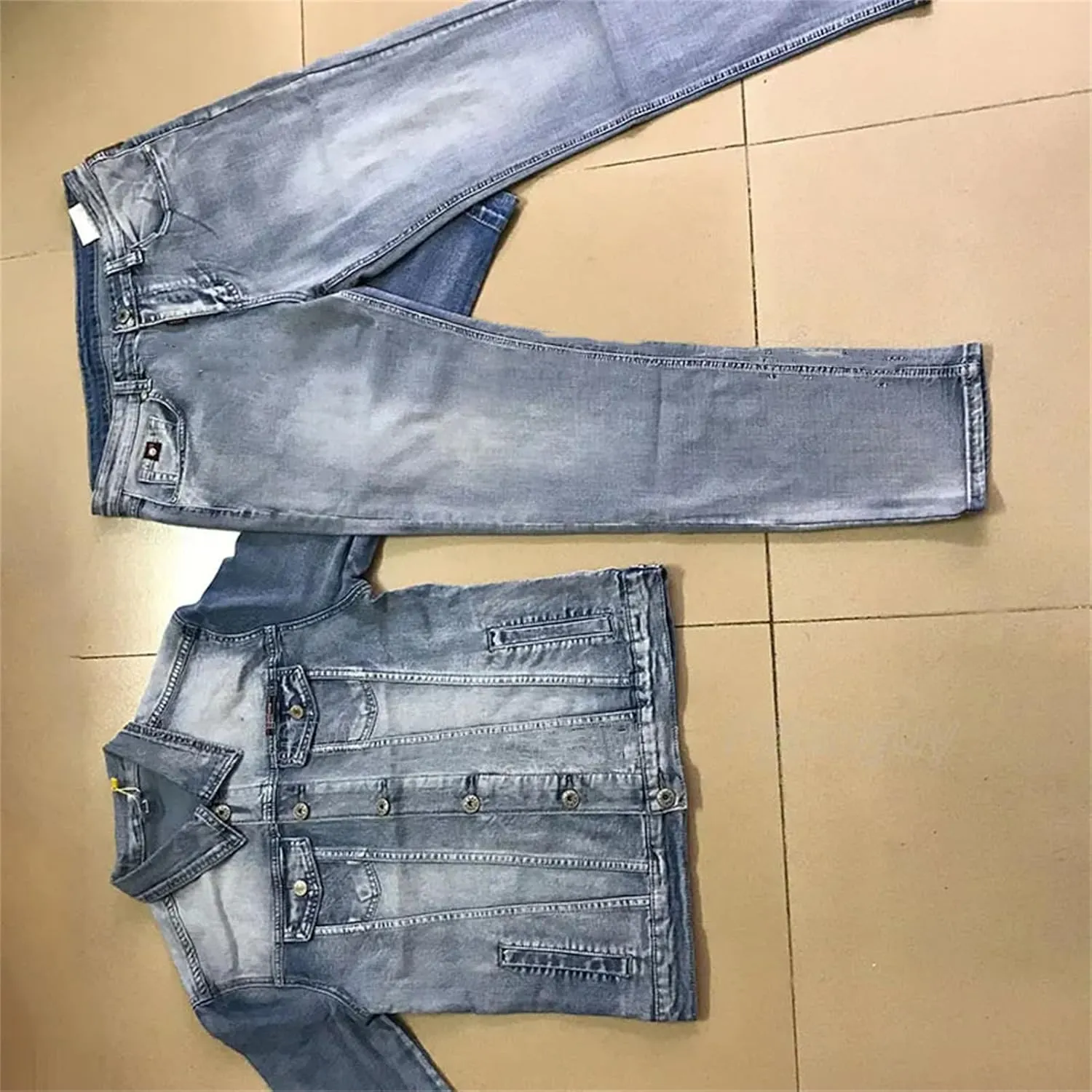 Men's Jeans 2Pc Sets Light Blue Simple Long Sleeve Denim Jacket and Pants