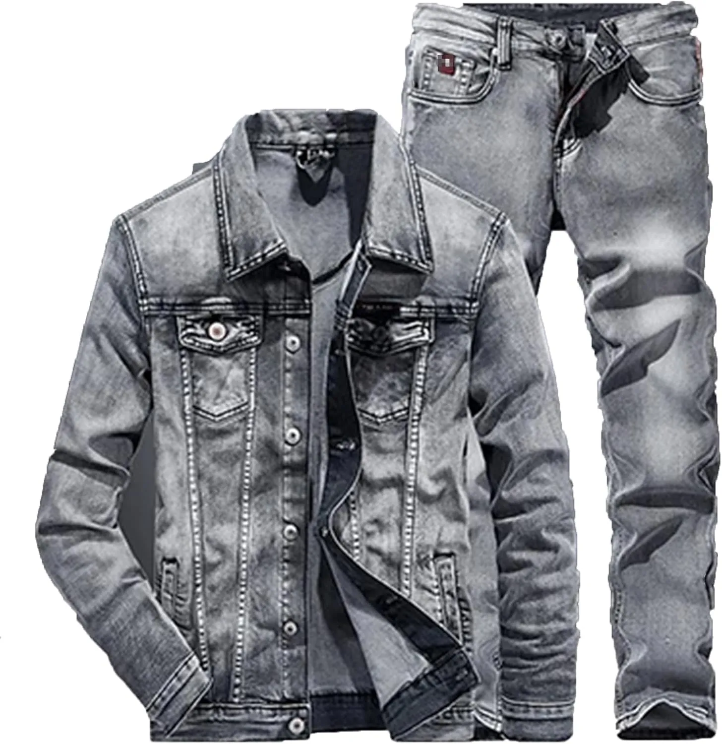 Men's Jeans 2Pc Sets Light Blue Simple Long Sleeve Denim Jacket and Pants