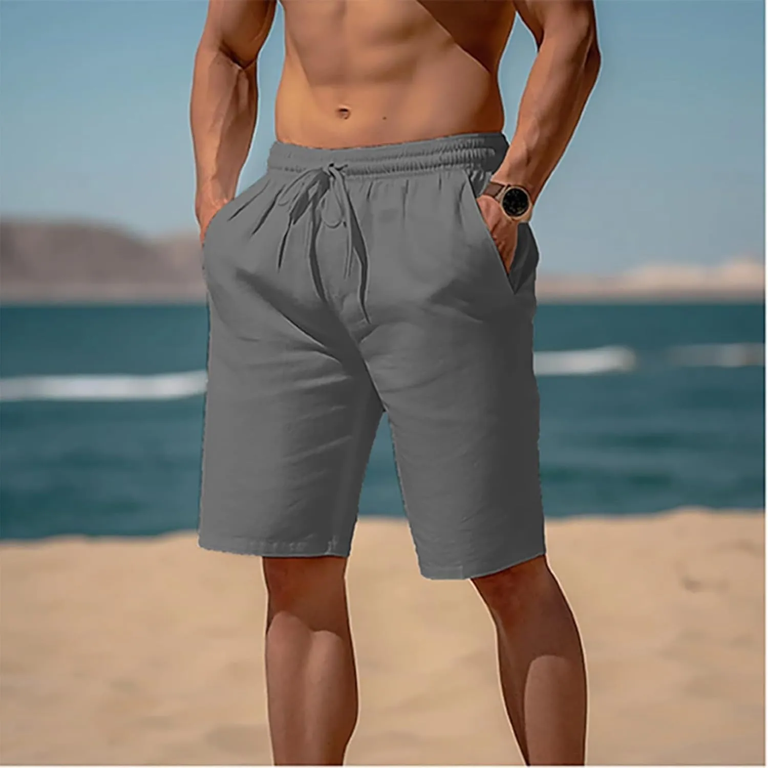 Men's Linen Shorts Casual Elastic Waist Drawstring 2025 Summer Beach Shorts