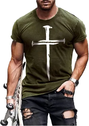 Mens T-Shirts Jesus Cross Faith Vintage Oil Painting Casual T-Shirts Summer Crew Neck Short Sleeve Christian Tops