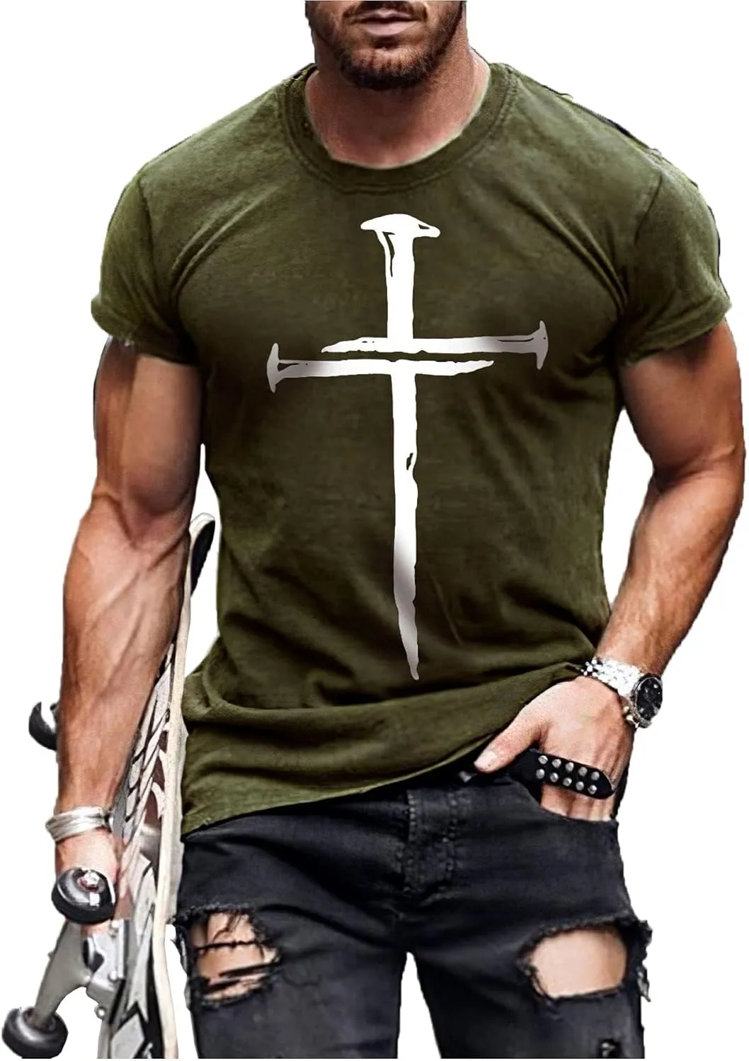 Mens T-Shirts Jesus Cross Faith Vintage Oil Painting Casual T-Shirts Summer Crew Neck Short Sleeve Christian Tops