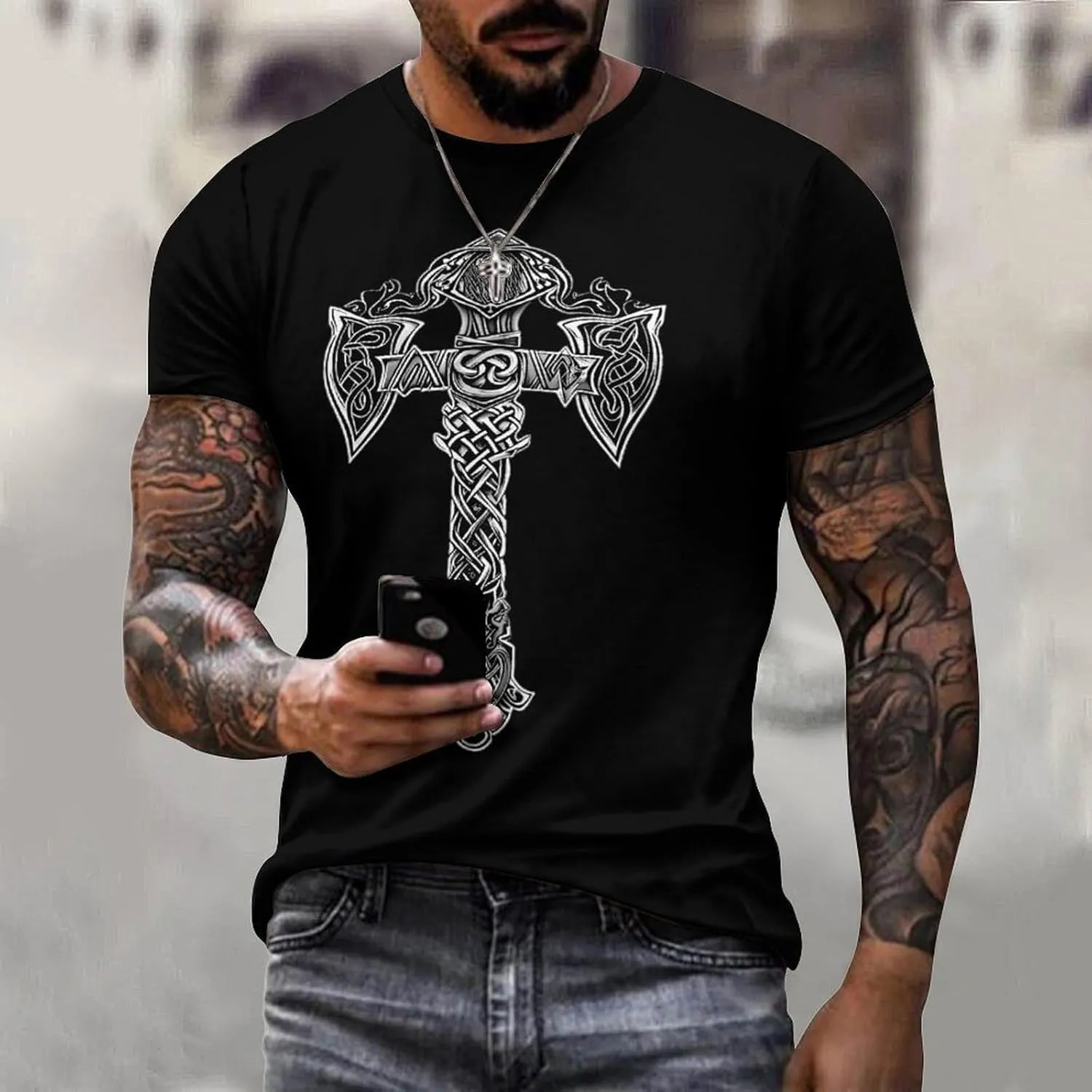 Mens T-Shirts Jesus Cross Faith Vintage Oil Painting Casual T-Shirts Summer Crew Neck Short Sleeve Christian Tops
