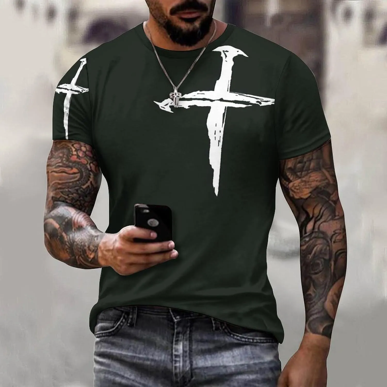 Mens T-Shirts Jesus Cross Faith Vintage Oil Painting Casual T-Shirts Summer Crew Neck Short Sleeve Christian Tops
