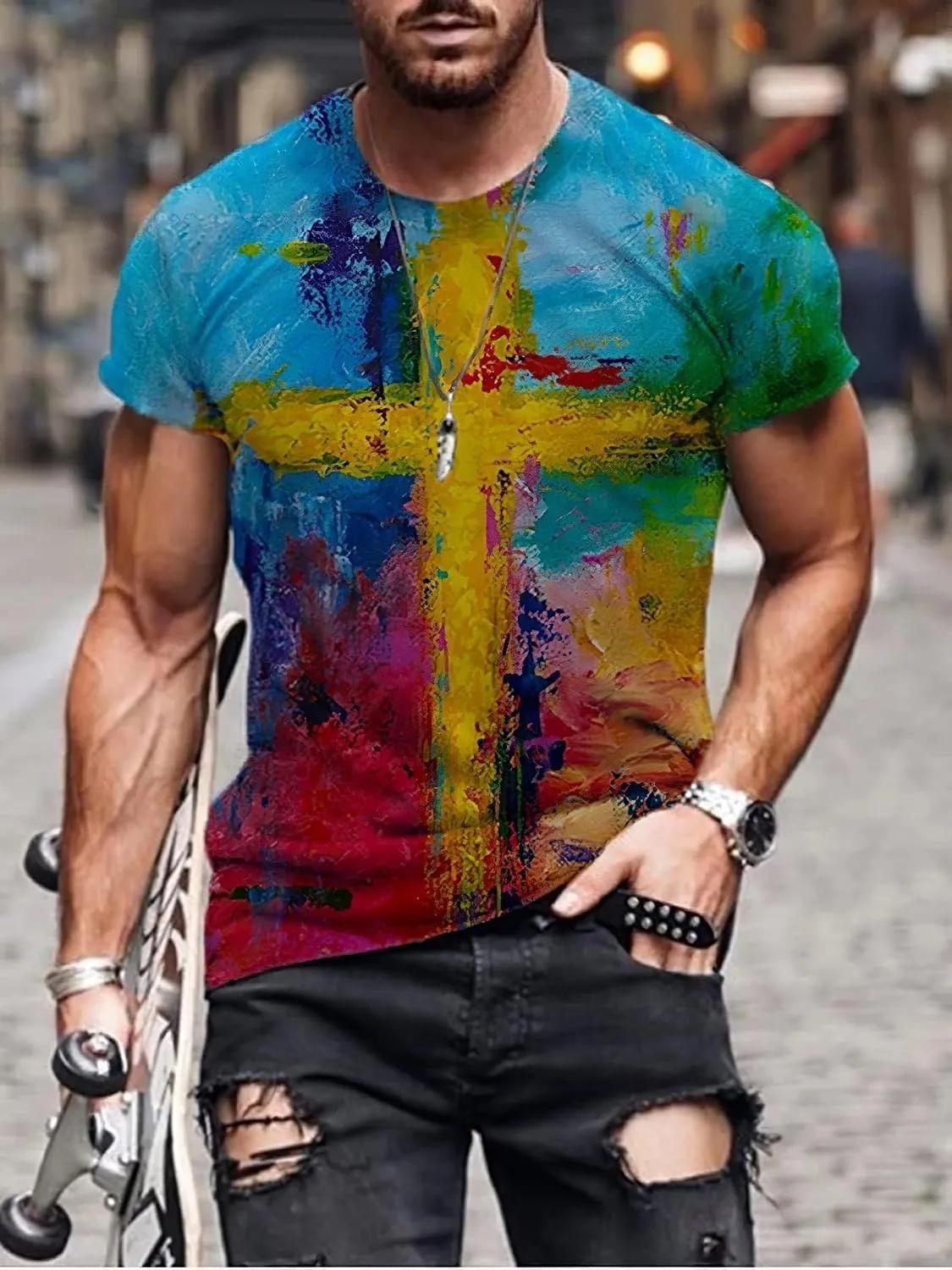 Mens T-Shirts Jesus Cross Faith Vintage Oil Painting Casual T-Shirts Summer Crew Neck Short Sleeve Christian Tops