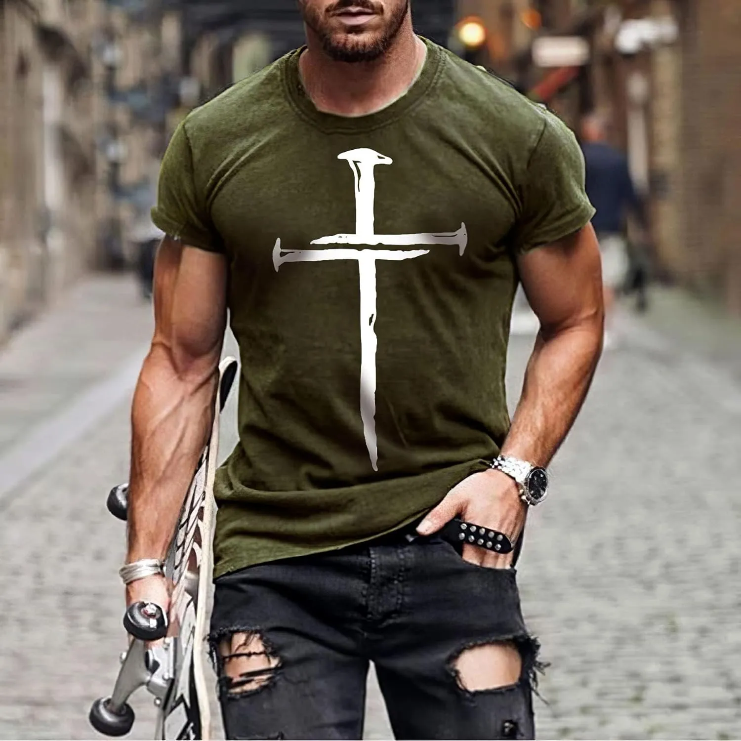 Mens T-Shirts Jesus Cross Faith Vintage Oil Painting Casual T-Shirts Summer Crew Neck Short Sleeve Christian Tops