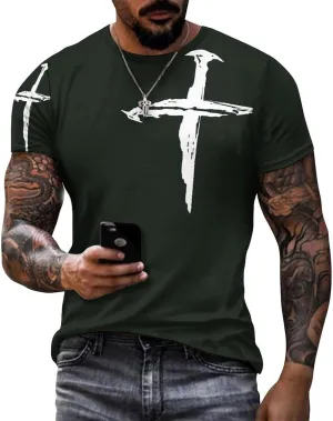 Mens T-Shirts Jesus Cross Faith Vintage Oil Painting Casual T-Shirts Summer Crew Neck Short Sleeve Christian Tops