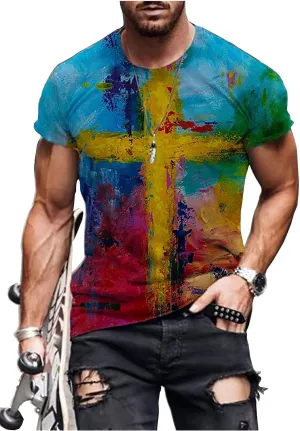 Mens T-Shirts Jesus Cross Faith Vintage Oil Painting Casual T-Shirts Summer Crew Neck Short Sleeve Christian Tops