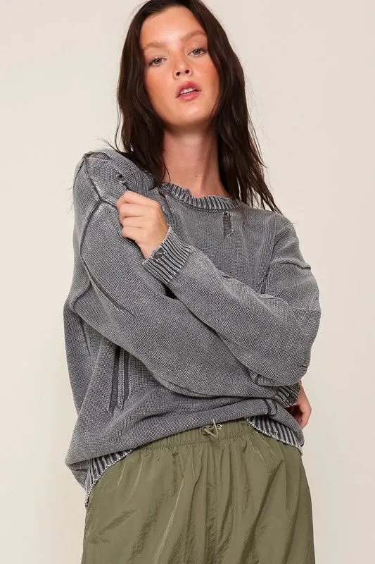 MINERAL WASH DISTRESSED SWEATER