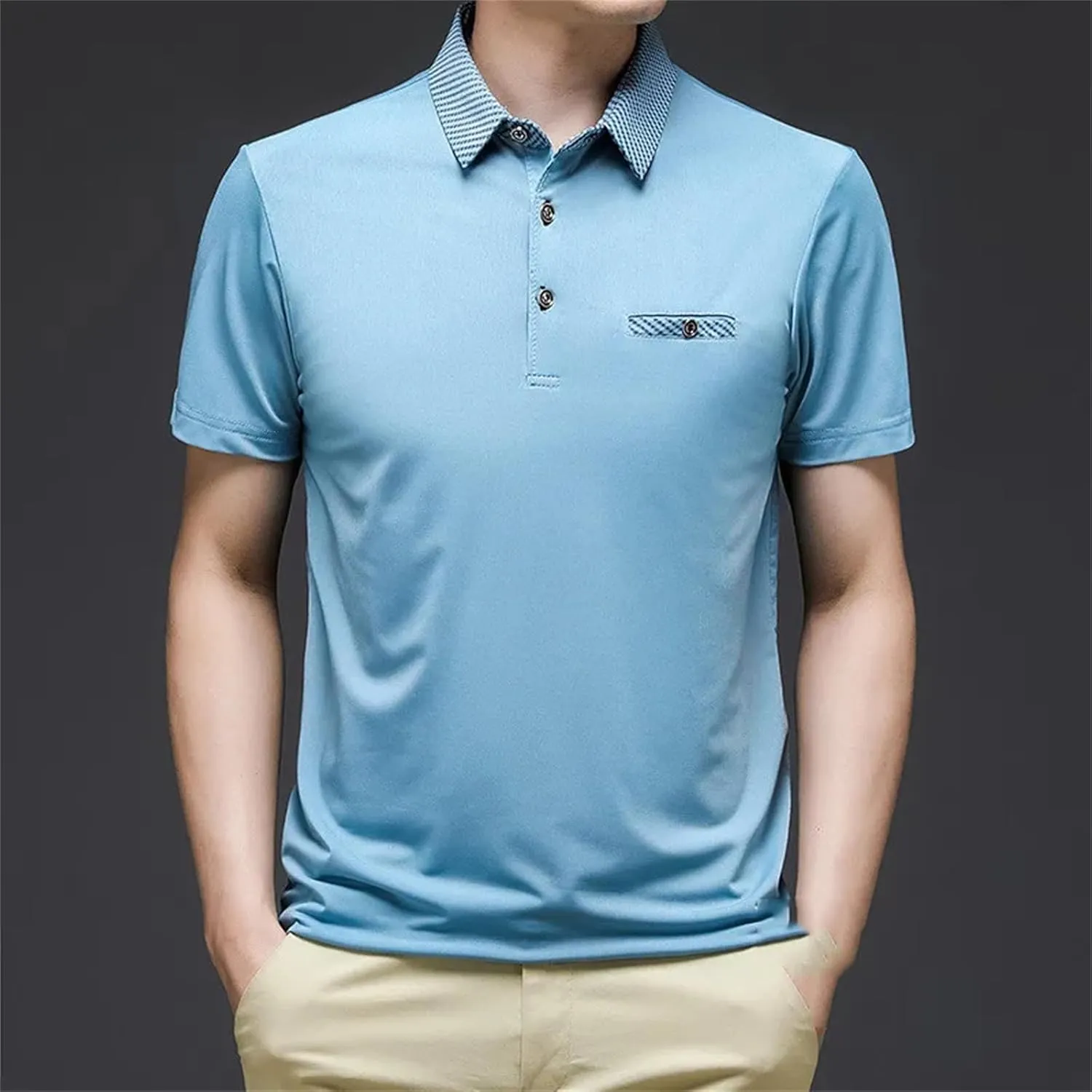 Mnjyihy Men Summer Polo Shirts Solid Color Slim Fits Pocket Quick-Dry Short Sleeve Casual Athletic Golf Shirts