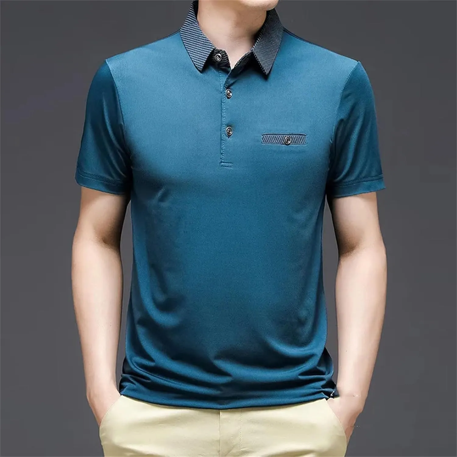 Mnjyihy Men Summer Polo Shirts Solid Color Slim Fits Pocket Quick-Dry Short Sleeve Casual Athletic Golf Shirts