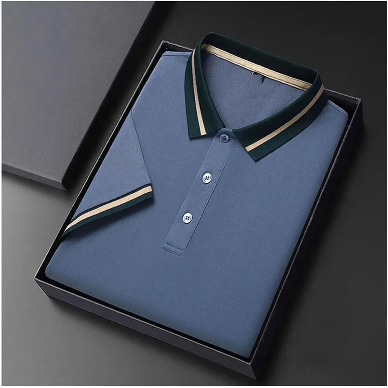 Mnjyihy Mens Summer Short Sleeve Polo Shirts Striped Collar Loose Business Casual Thin Quick-Dry Golf Shirts