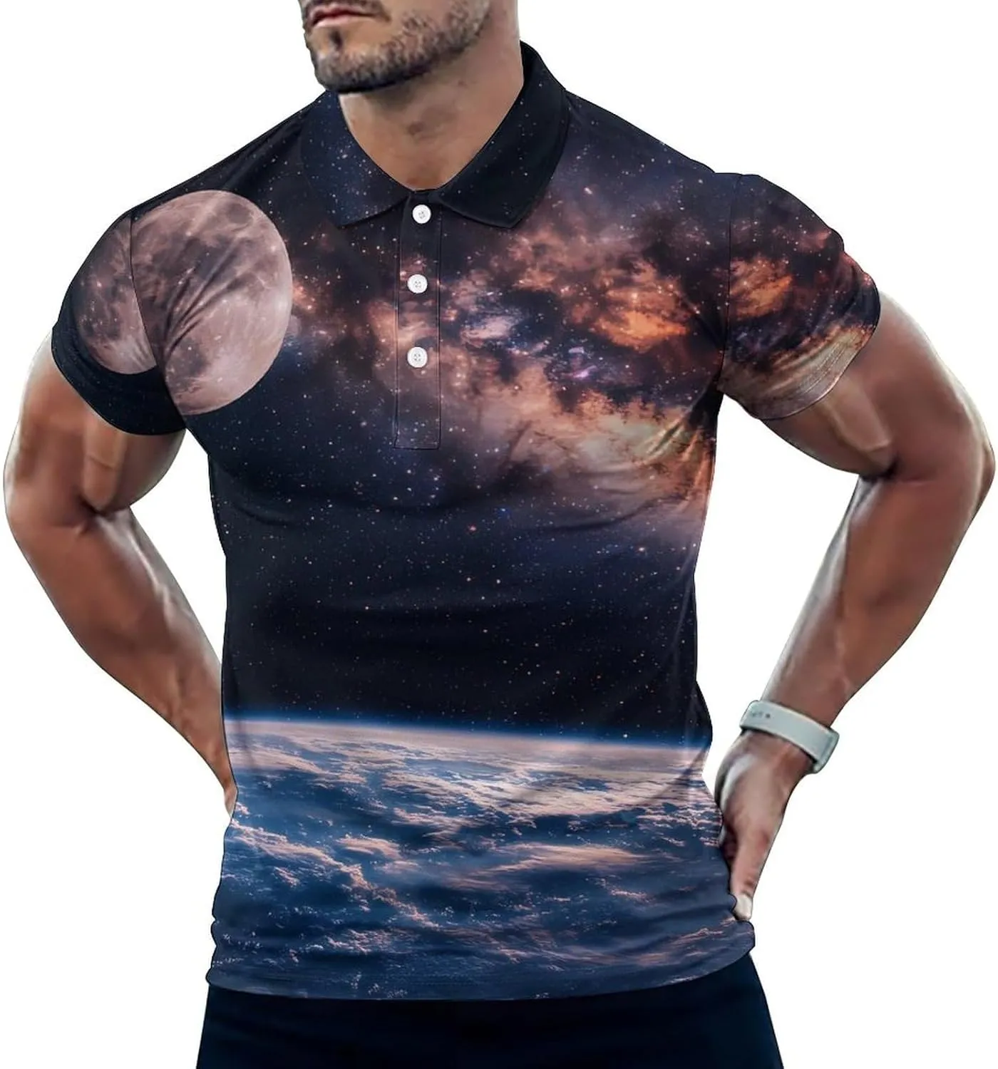 Moon Earth Galaxy Mens Polo Shirts Quick Dry Short Sleeve T-shirts Slim Tennis Collared Tees Tops