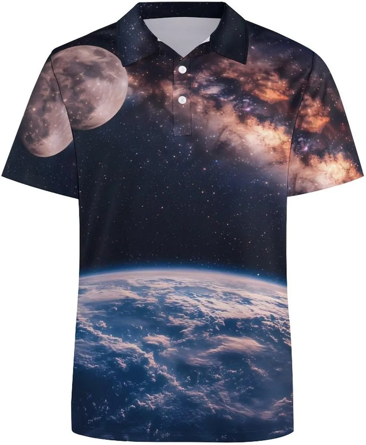 Moon Earth Galaxy Mens Polo Shirts Quick Dry Short Sleeve T-shirts Slim Tennis Collared Tees Tops