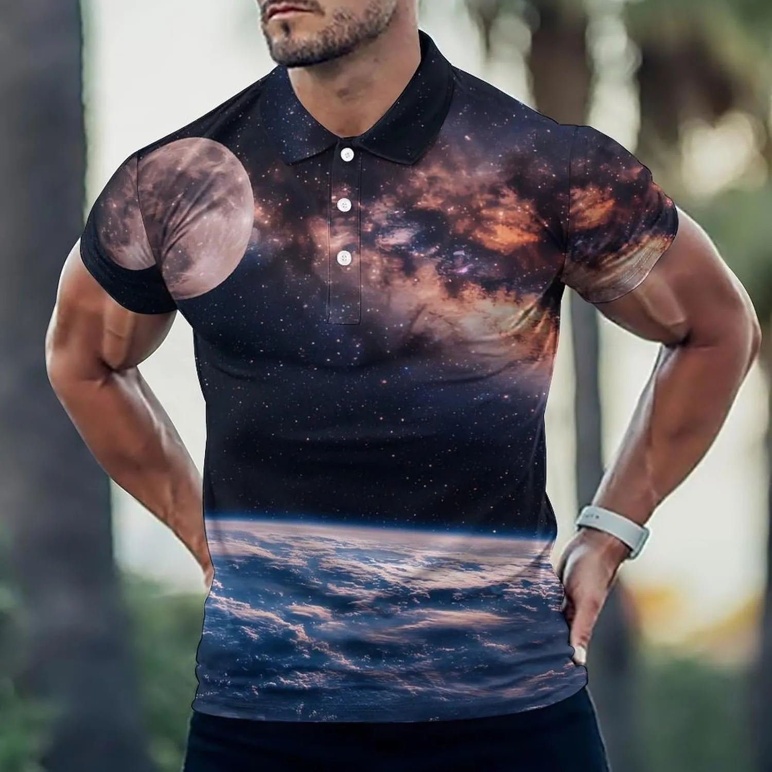 Moon Earth Galaxy Mens Polo Shirts Quick Dry Short Sleeve T-shirts Slim Tennis Collared Tees Tops