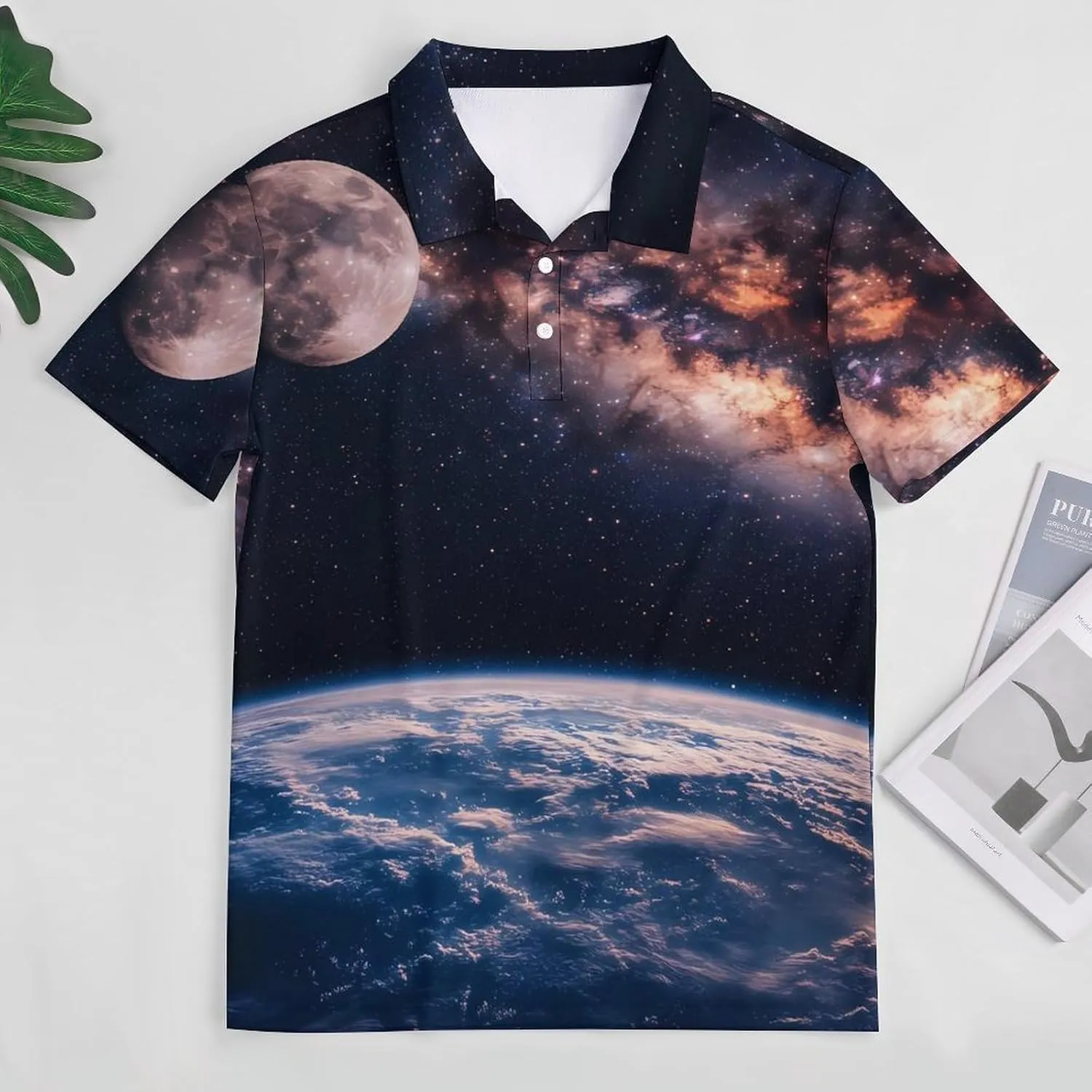 Moon Earth Galaxy Mens Polo Shirts Quick Dry Short Sleeve T-shirts Slim Tennis Collared Tees Tops