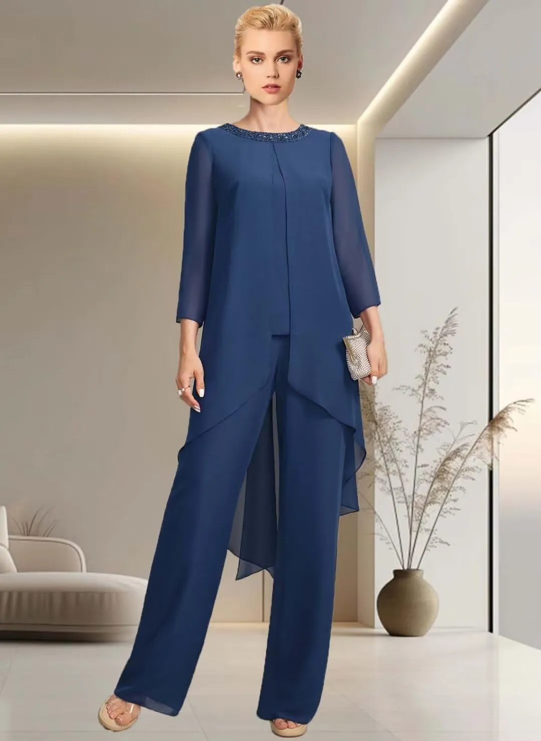 Mother of The Bride Pant Suit for Wedding Beaded 2 Pcs Formal Set 3/4 Sleeves Wedding Guest Outfit
