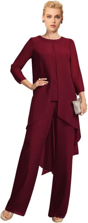Mother of The Bride Pant Suit for Wedding Beaded 2 Pcs Formal Set 3/4 Sleeves Wedding Guest Outfit