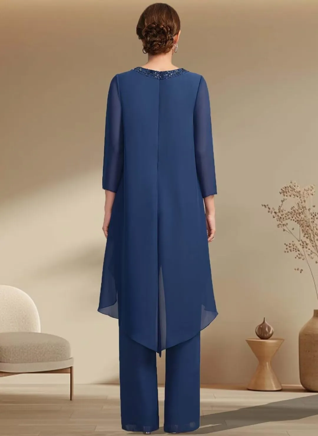 Mother of The Bride Pant Suit for Wedding Beaded 2 Pcs Formal Set 3/4 Sleeves Wedding Guest Outfit