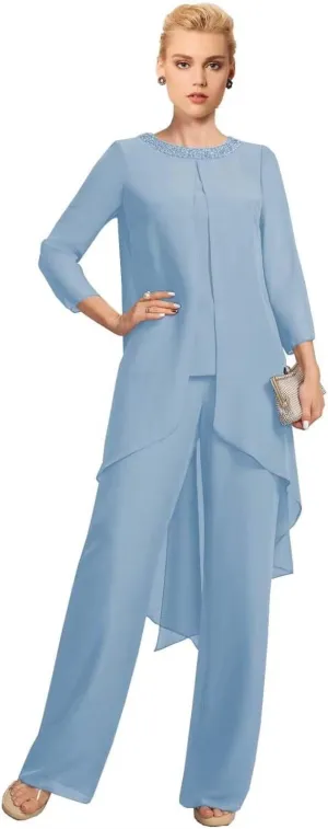 Mother of The Bride Pant Suit for Wedding Beaded 2 Pcs Formal Set 3/4 Sleeves Wedding Guest Outfit