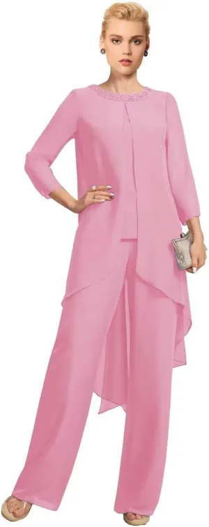 Mother of The Bride Pant Suit for Wedding Beaded 2 Pcs Formal Set 3/4 Sleeves Wedding Guest Outfit