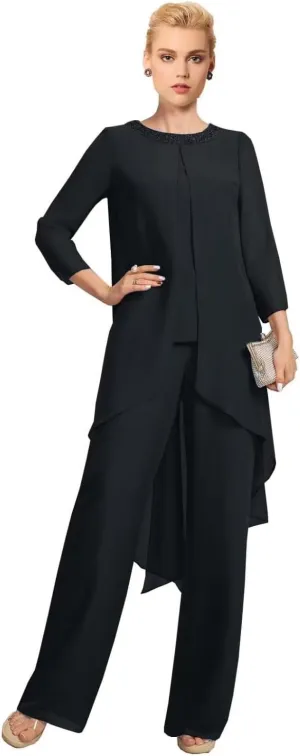 Mother of The Bride Pant Suit for Wedding Beaded 2 Pcs Formal Set 3/4 Sleeves Wedding Guest Outfit