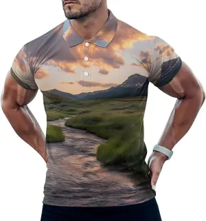 Mountains Landscape Creek Scenery Mens Polo Shirts Quick Dry Short Sleeve T-shirts Slim Tennis Collared Tees Tops