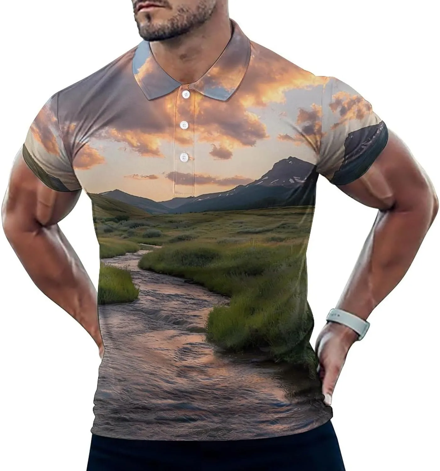 Mountains Landscape Creek Scenery Mens Polo Shirts Quick Dry Short Sleeve T-shirts Slim Tennis Collared Tees Tops