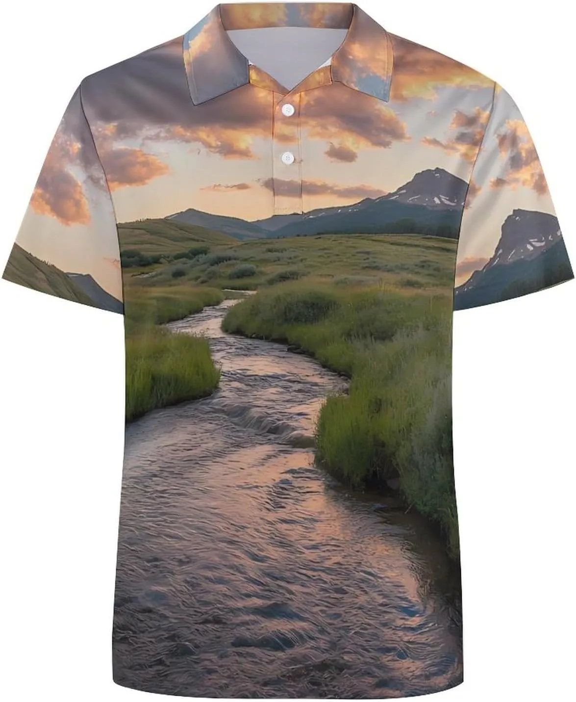 Mountains Landscape Creek Scenery Mens Polo Shirts Quick Dry Short Sleeve T-shirts Slim Tennis Collared Tees Tops