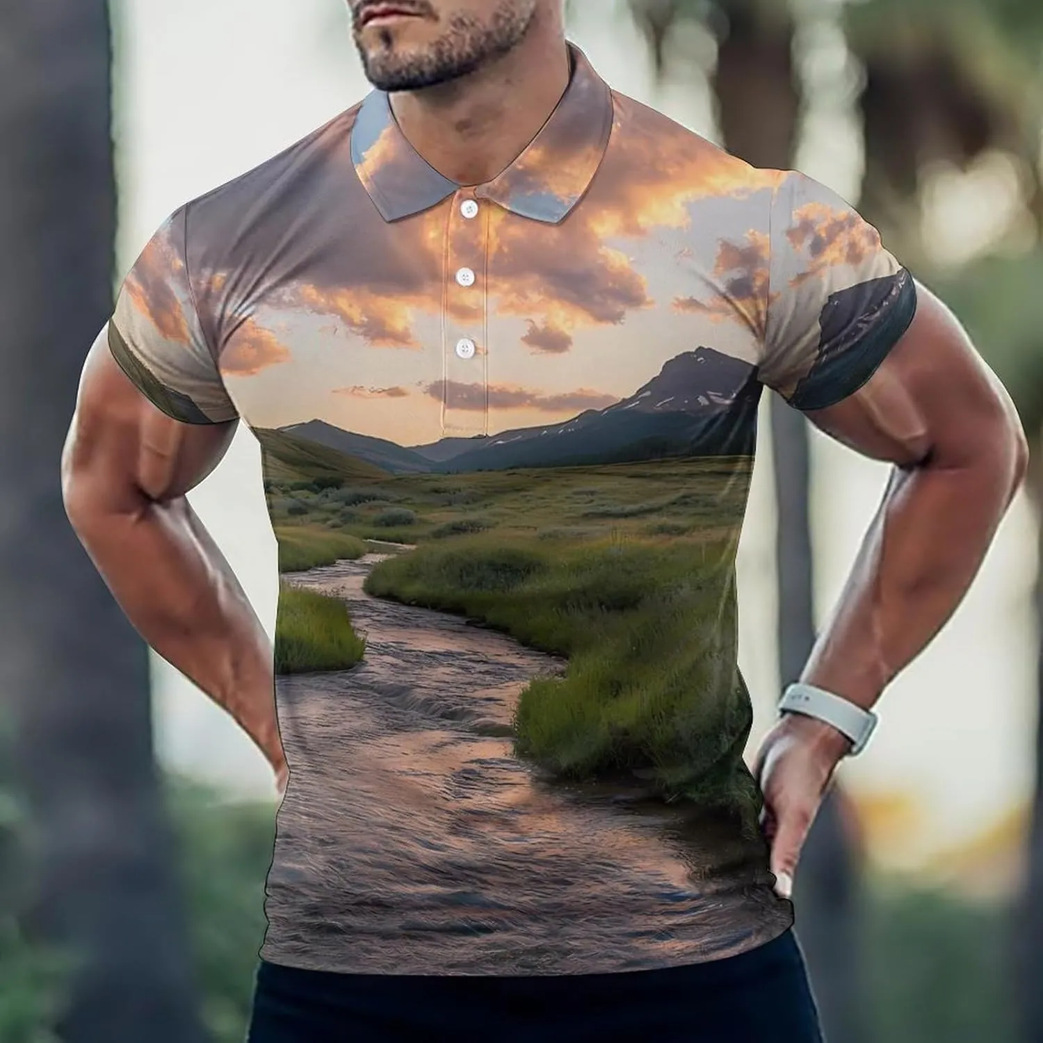 Mountains Landscape Creek Scenery Mens Polo Shirts Quick Dry Short Sleeve T-shirts Slim Tennis Collared Tees Tops