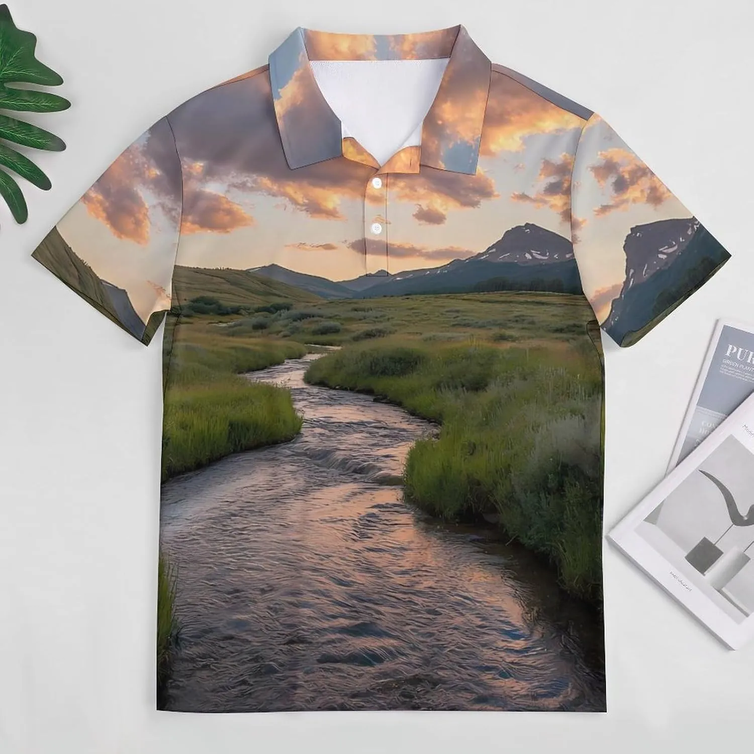 Mountains Landscape Creek Scenery Mens Polo Shirts Quick Dry Short Sleeve T-shirts Slim Tennis Collared Tees Tops