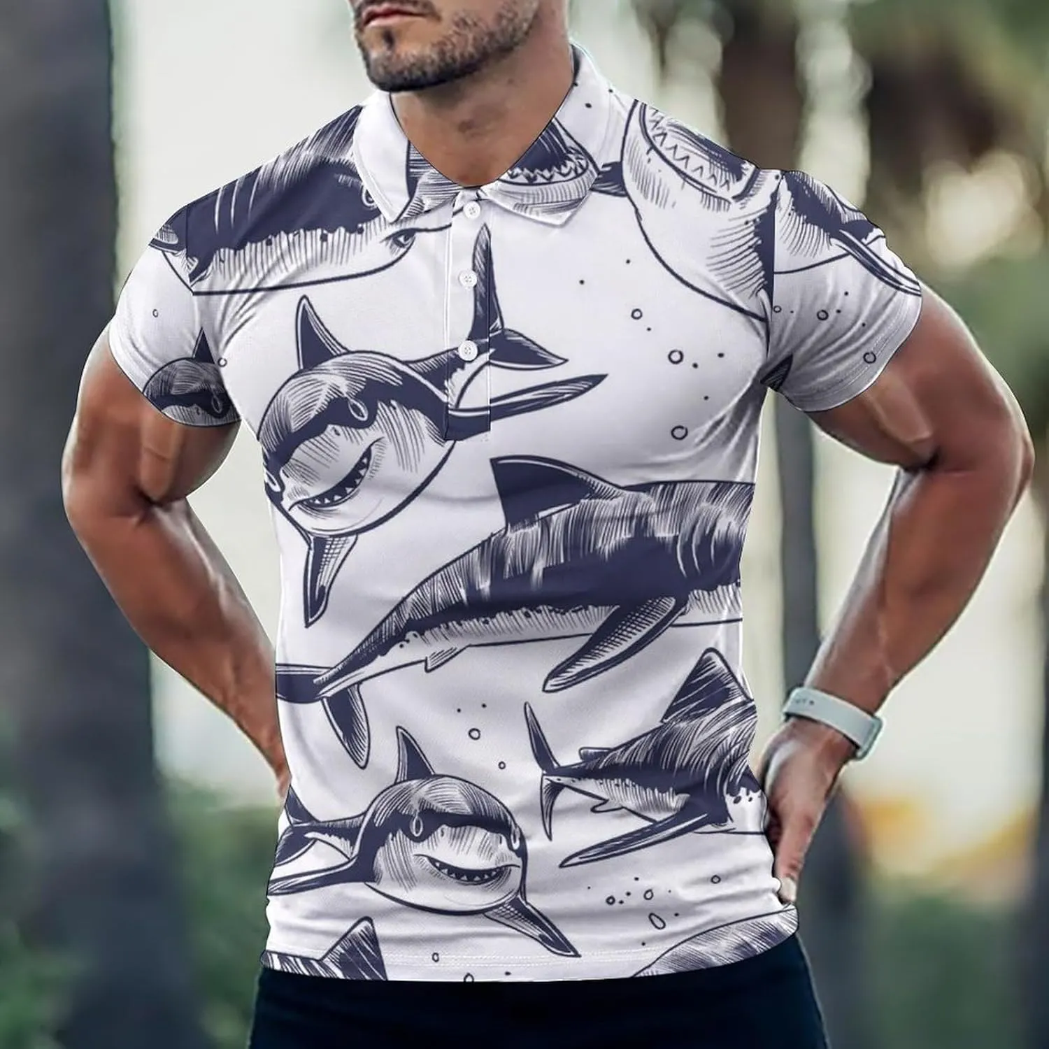 Ocean Sharks Mens Polo Shirts Quick Dry Short Sleeve T-shirts Slim Tennis Collared Tees Tops