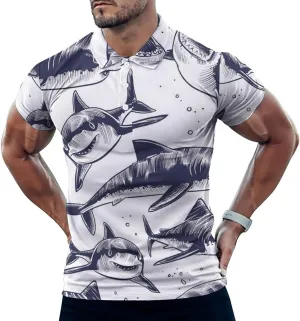 Ocean Sharks Mens Polo Shirts Quick Dry Short Sleeve T-shirts Slim Tennis Collared Tees Tops