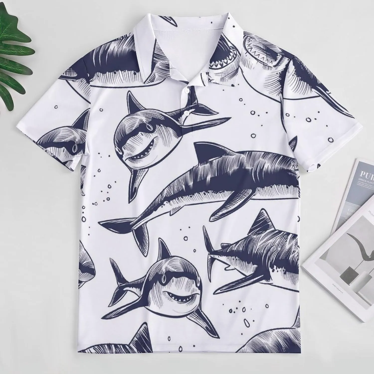 Ocean Sharks Mens Polo Shirts Quick Dry Short Sleeve T-shirts Slim Tennis Collared Tees Tops