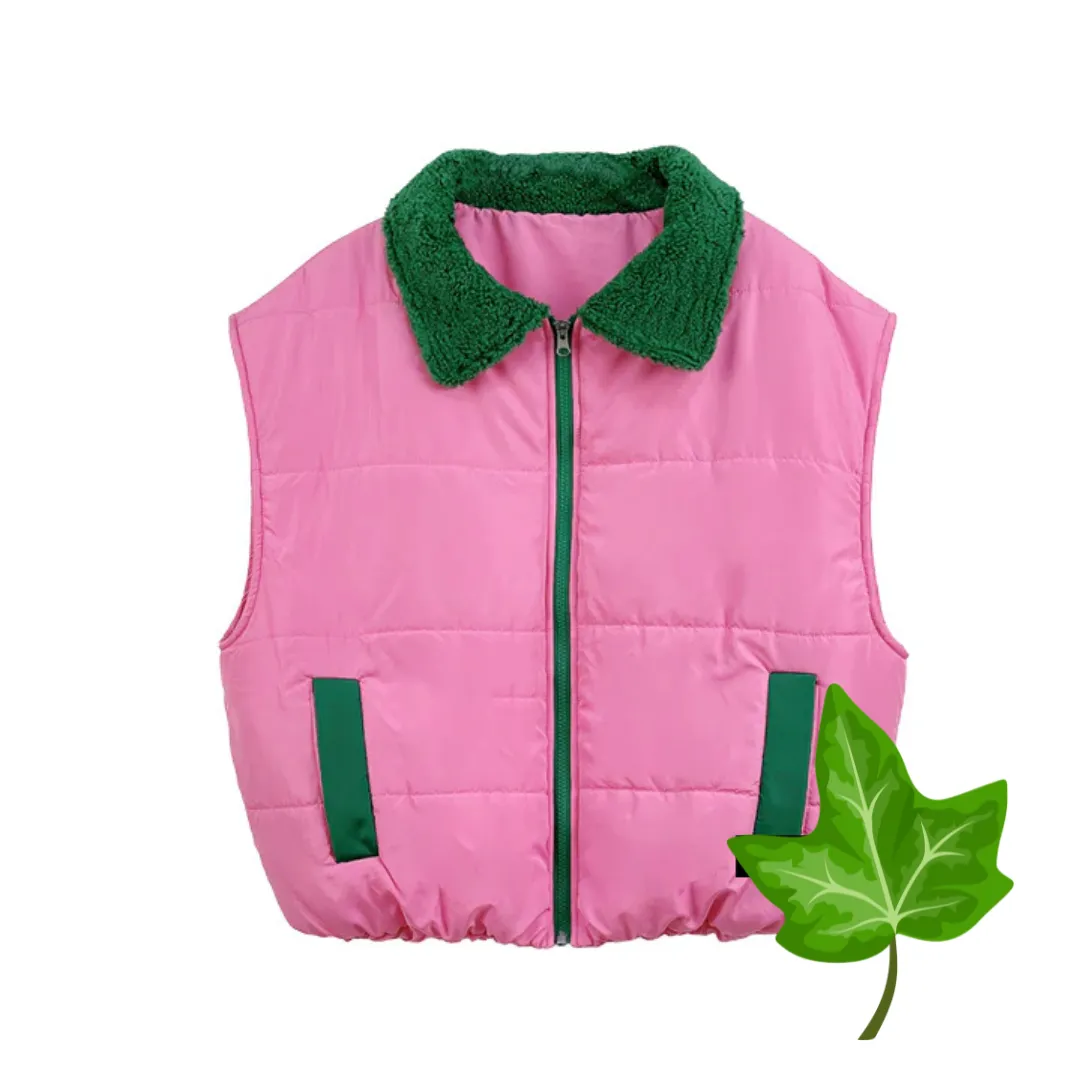 Pink and Green Sherpa Puffy Vest