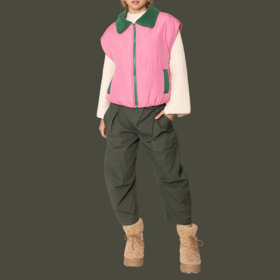 Pink and Green Sherpa Puffy Vest