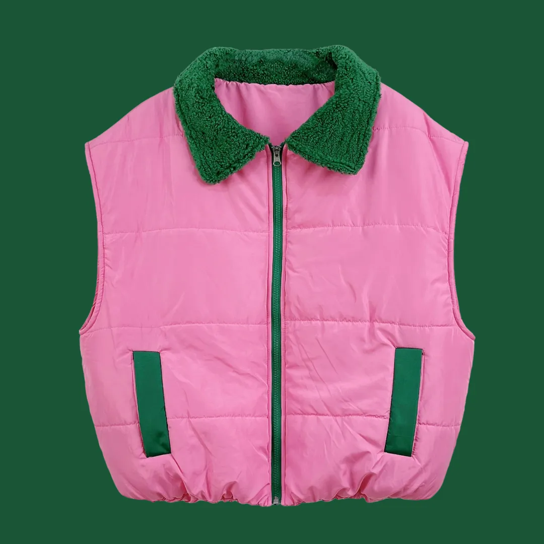 Pink and Green Sherpa Puffy Vest