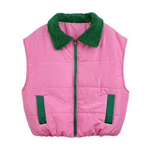 Pink and Green Sherpa Puffy Vest