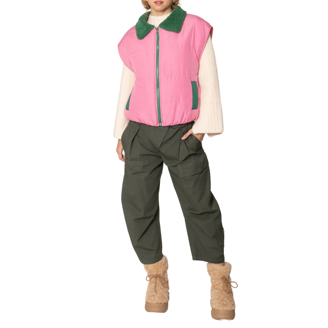 Pink and Green Sherpa Puffy Vest