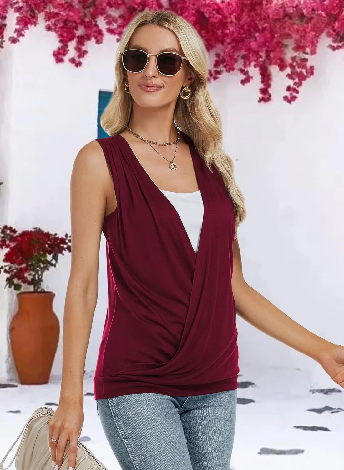 RANPHEE Womens Summer Casual Sleeveless Hide Belly Fat Banded Bottom Wrap Tops T-Shirts