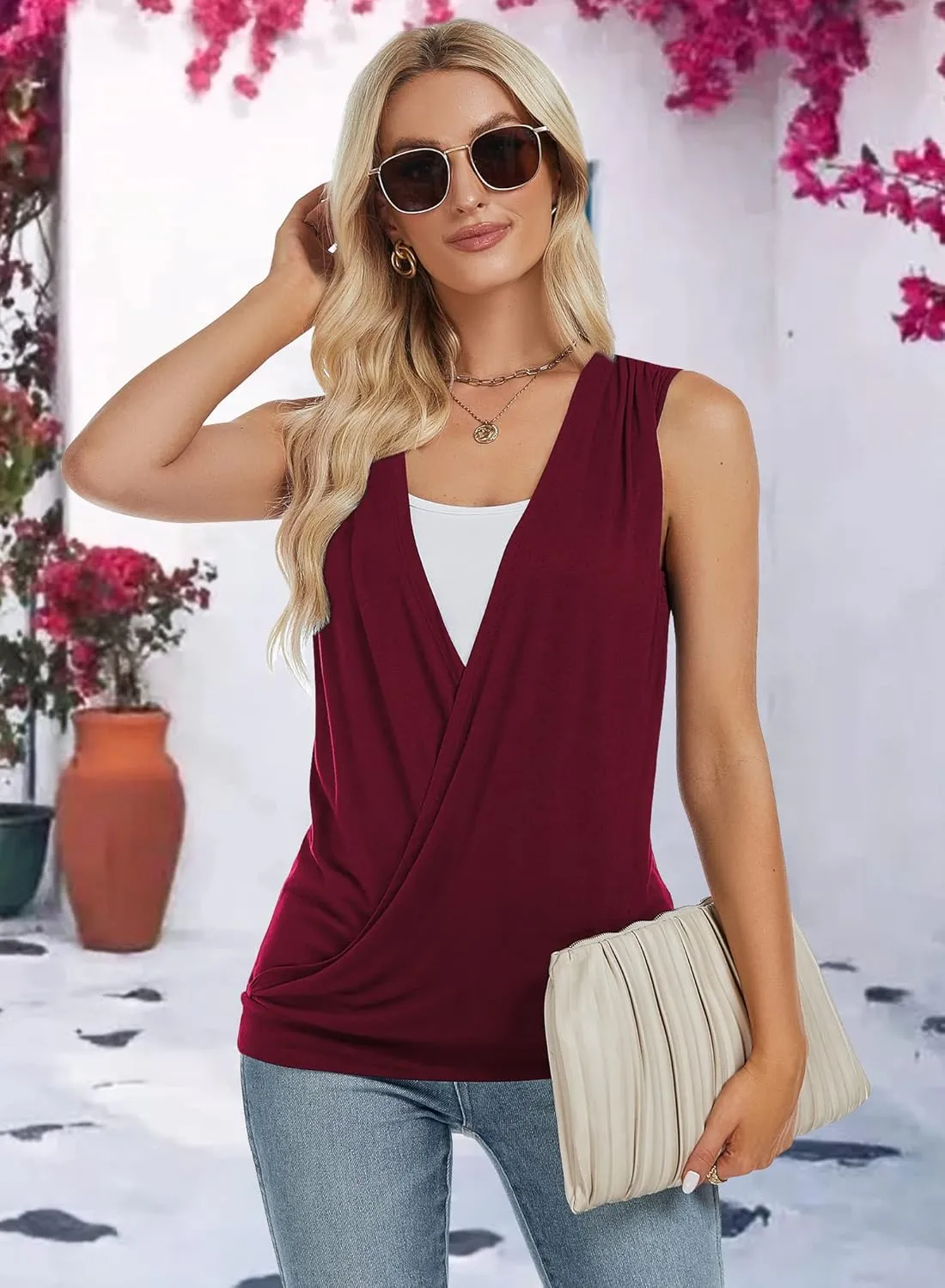 RANPHEE Womens Summer Casual Sleeveless Hide Belly Fat Banded Bottom Wrap Tops T-Shirts