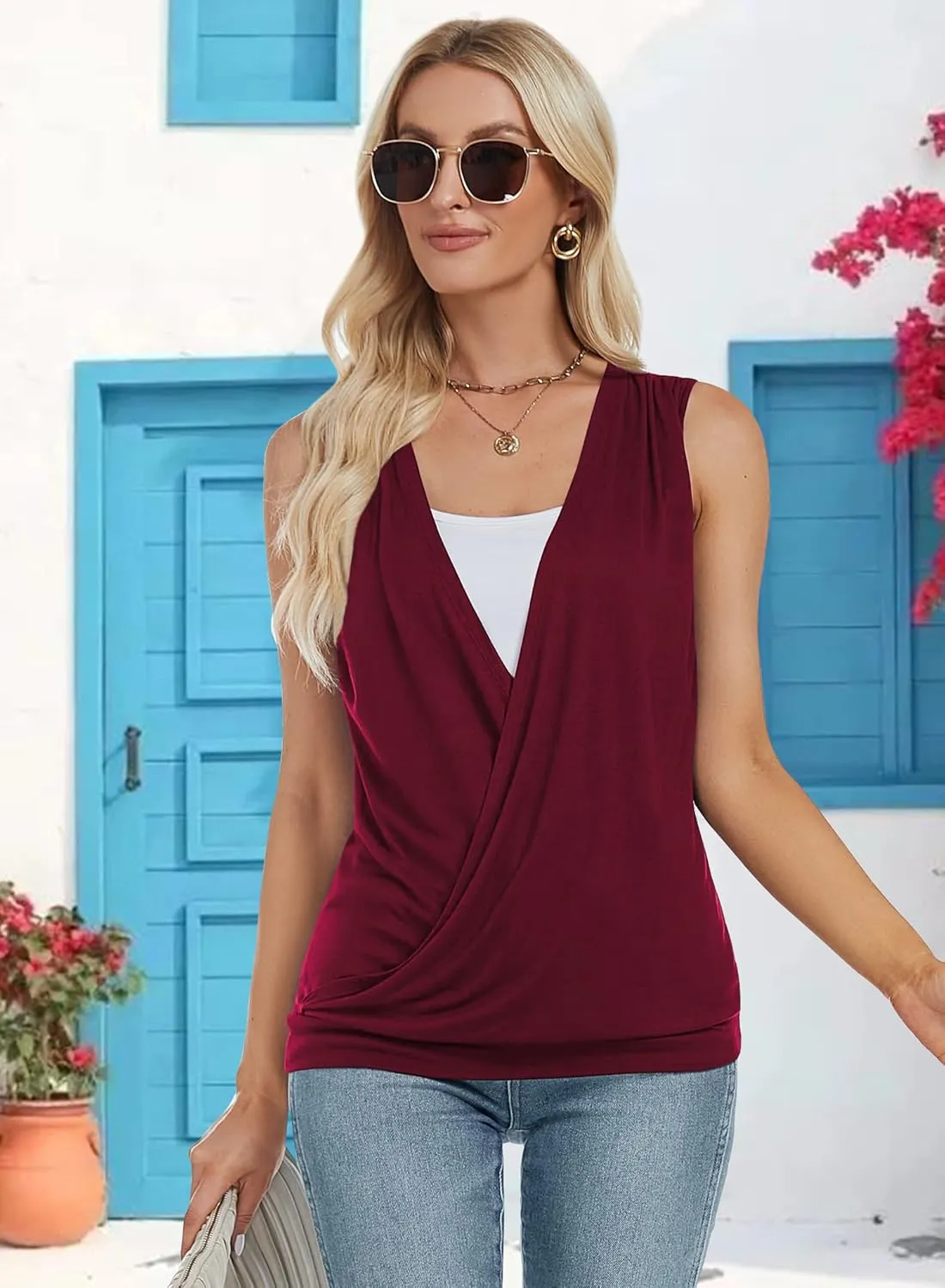 RANPHEE Womens Summer Casual Sleeveless Hide Belly Fat Banded Bottom Wrap Tops T-Shirts