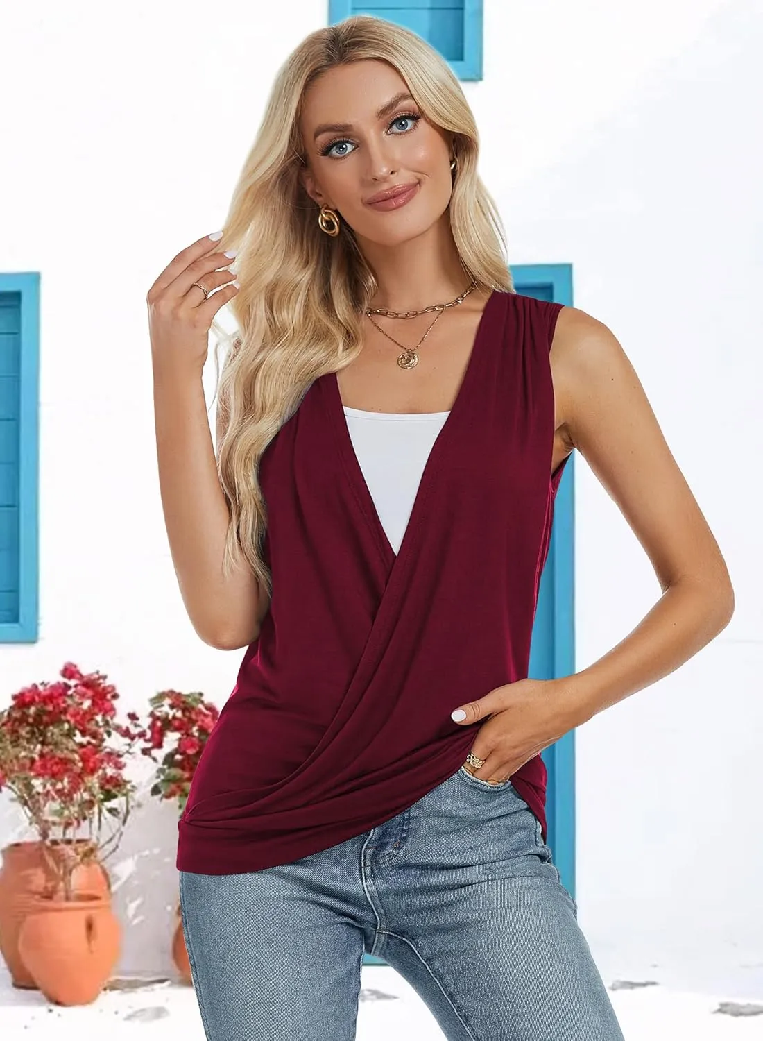 RANPHEE Womens Summer Casual Sleeveless Hide Belly Fat Banded Bottom Wrap Tops T-Shirts
