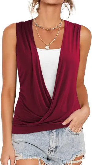 RANPHEE Womens Summer Casual Sleeveless Hide Belly Fat Banded Bottom Wrap Tops T-Shirts