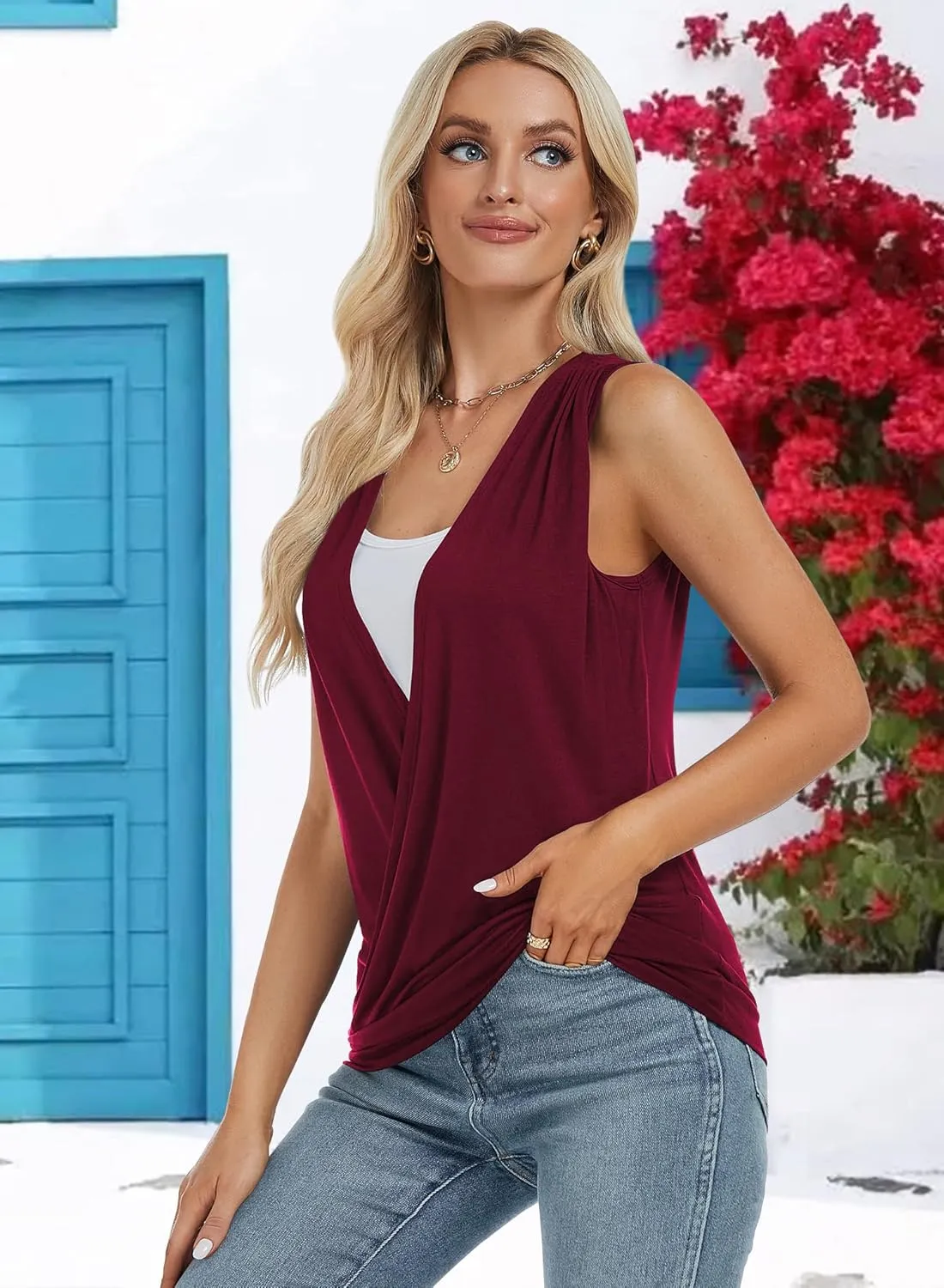 RANPHEE Womens Summer Casual Sleeveless Hide Belly Fat Banded Bottom Wrap Tops T-Shirts