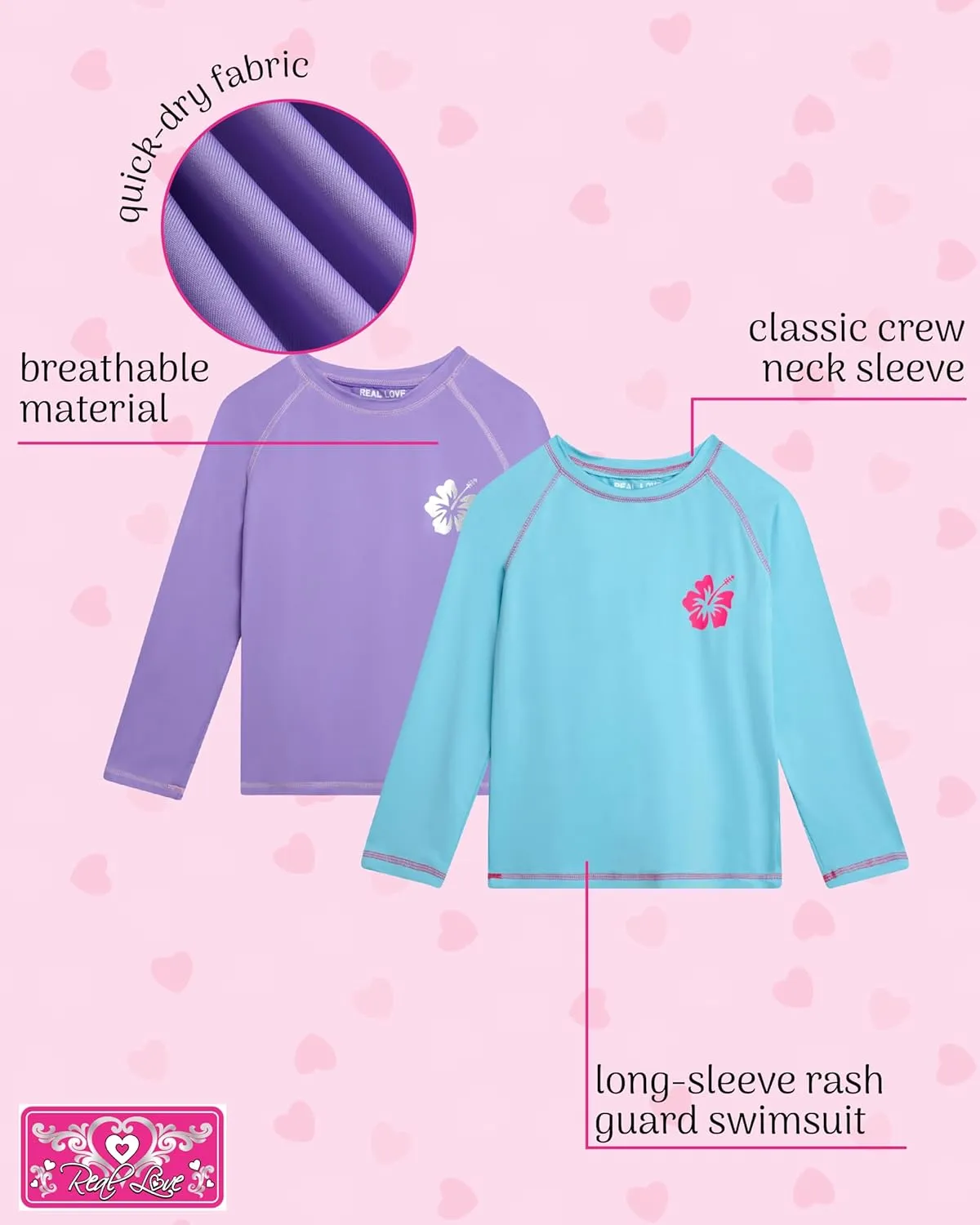 Real Love Girls' Rash Guard Shirts - 2 Piece Quick Dry Crew Neck Long Sleeve Swimming Shirts for Girls (Sizes: 2T-16)