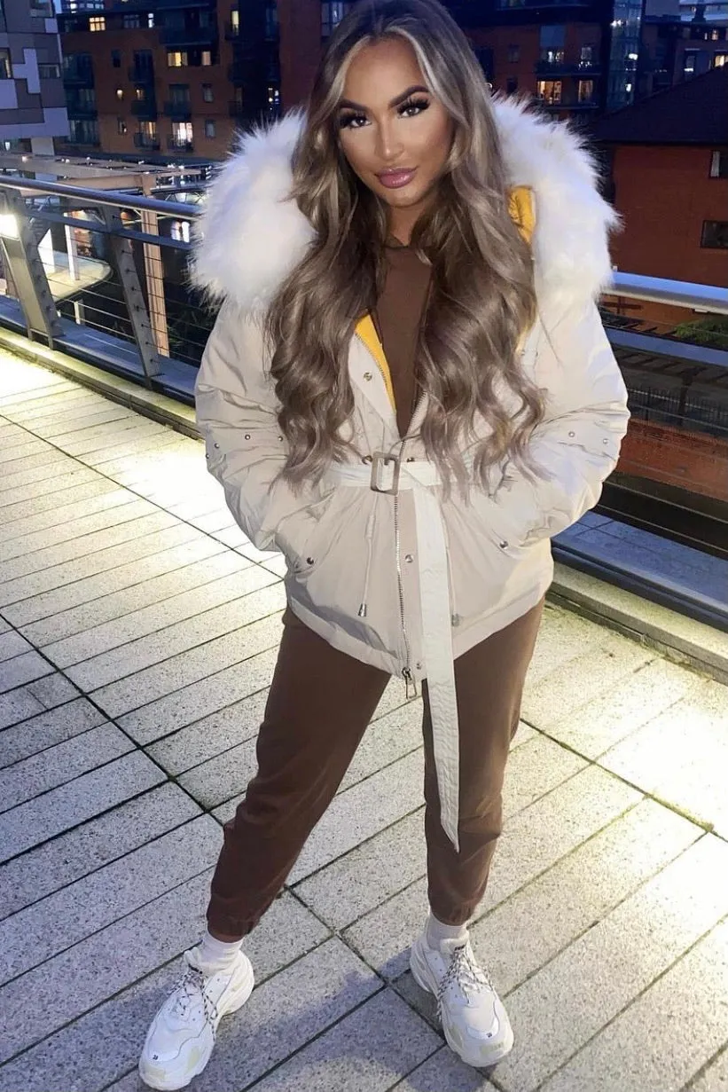 Savanna Beige Studded Luxury Faux Fur Jacket