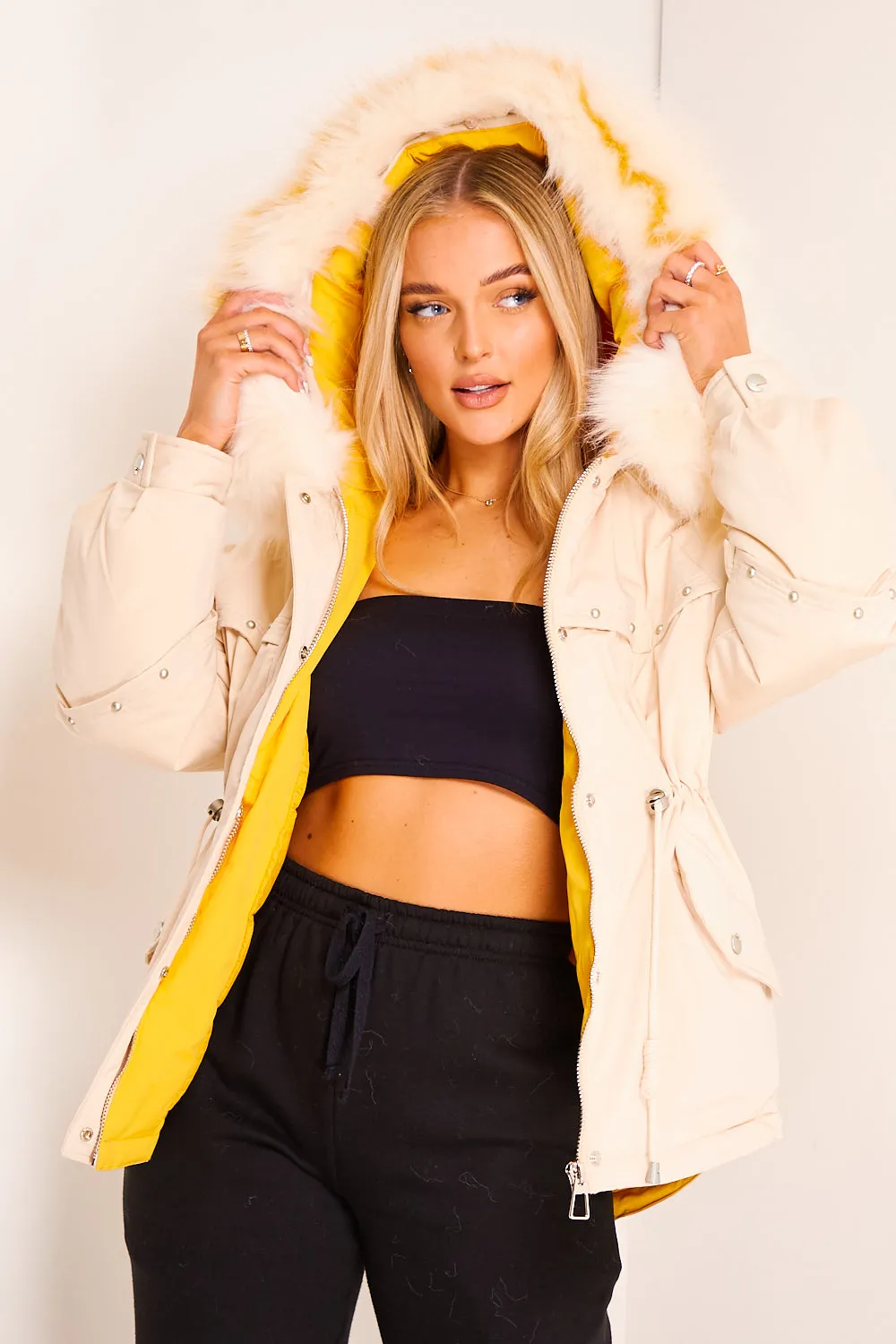 Savanna Beige Studded Luxury Faux Fur Jacket