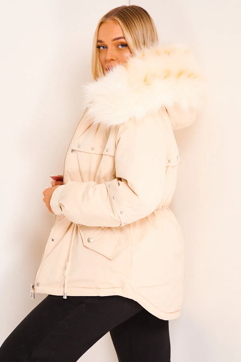 Savanna Beige Studded Luxury Faux Fur Jacket