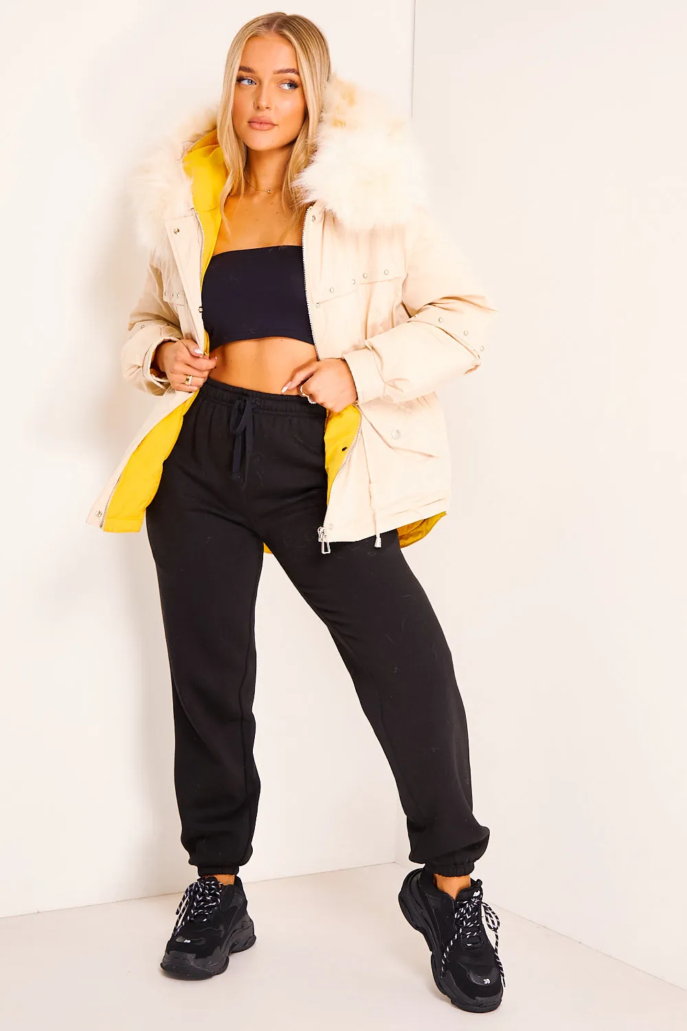 Savanna Beige Studded Luxury Faux Fur Jacket